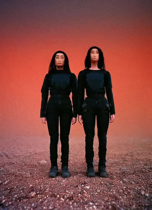 Image similar to cinestill 5 0 d photographic portrait of two loving female androids wearing rugged black techwear on a desolate plain with a red sky, extreme closeup, lizard on ground, cyberpunk style, in front of a brutalist dark metal facility, dust storm, 3 5 mm, 8 k, hd, f / 3 2, high resolution, ultra realistic faces