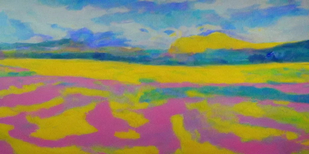 Prompt: landscape, pink, yellow, blue, hyper realism