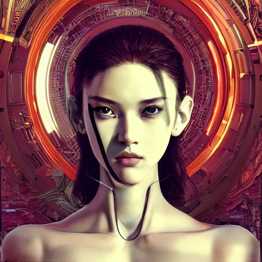 Image similar to the portrait of an absurdly beautiful, graceful, elegant, sophisticated, fashionable cyberpunk gravure idol, an ultrafine hyperdetailed illustration by kim jung gi, irakli nadar, intricate linework, bright colors, collage, porcelain skin, unreal engine 5 highly rendered, global illumination, radiant light, detailed and intricate environment