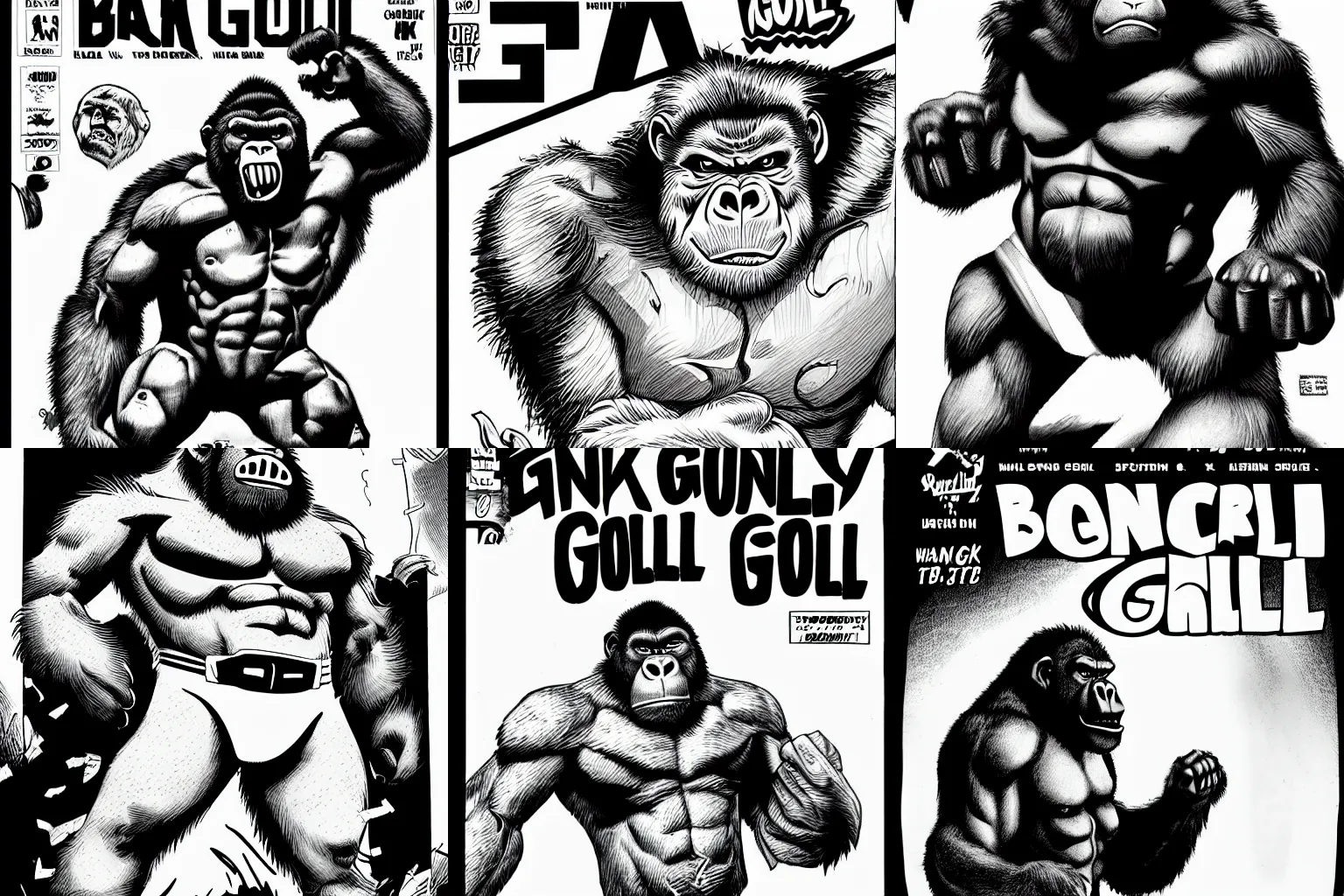 Prompt: angry gorilla black and white ink comic book cover