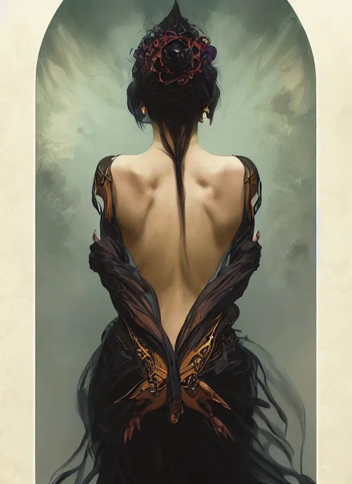 Prompt: a beautiful painting of a dark death goddess, face, full body, by Greg rutkowski and artgerm and Alphonse Mucha, trending on artstation