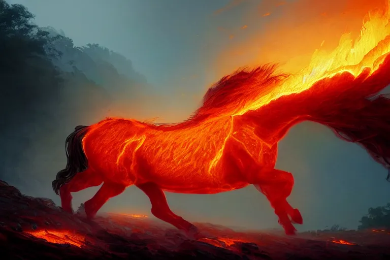 Image similar to a stunning digital painting of a horse made of lava with a mane and tail made of fire by greg rutkowski, volumetric light, digital art, fine detail, photorealistic