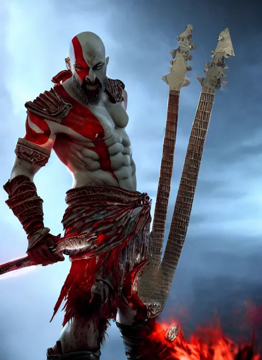 Image similar to red facial stripe armored screaming kratos rocking hard on a flaming stratocaster guitar, cinematic render, god of war 2 0 1 8, playstation studios official media, lightning, flames, clear, coherent, guitar, guitar