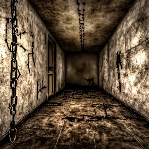 Image similar to haunted asylum with blood on the walls and chains hanging from the ceiling with a broken light bulb, right side of the wall is a broken window with light emitting through, realistic, hdr, clear image, hdd, dynamic lighting, rtx on,