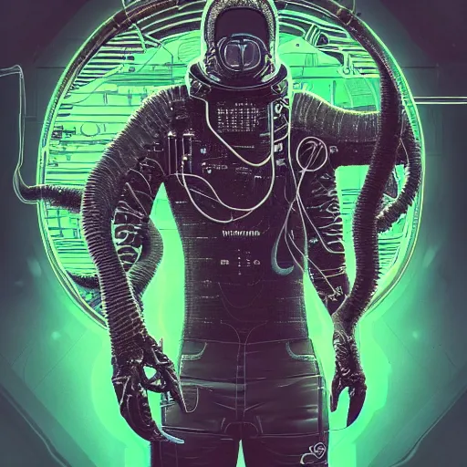 Image similar to portrait of a squid monster astronaut. full body portrait, intricate abstract. cyberpunk, intricate artwork. neon eyes, by Tooth Wu, wlop, beeple. octane render, trending on artstation, greg rutkowski very coherent symmetrical artwork. cinematic, hyper realism, high detail, octane render, 8k, minimalistic, hyperrealistic surrealism, award winning masterpiece with incredible details, a surreal vaporwave liminal space, highly detailed, trending on ArtStation