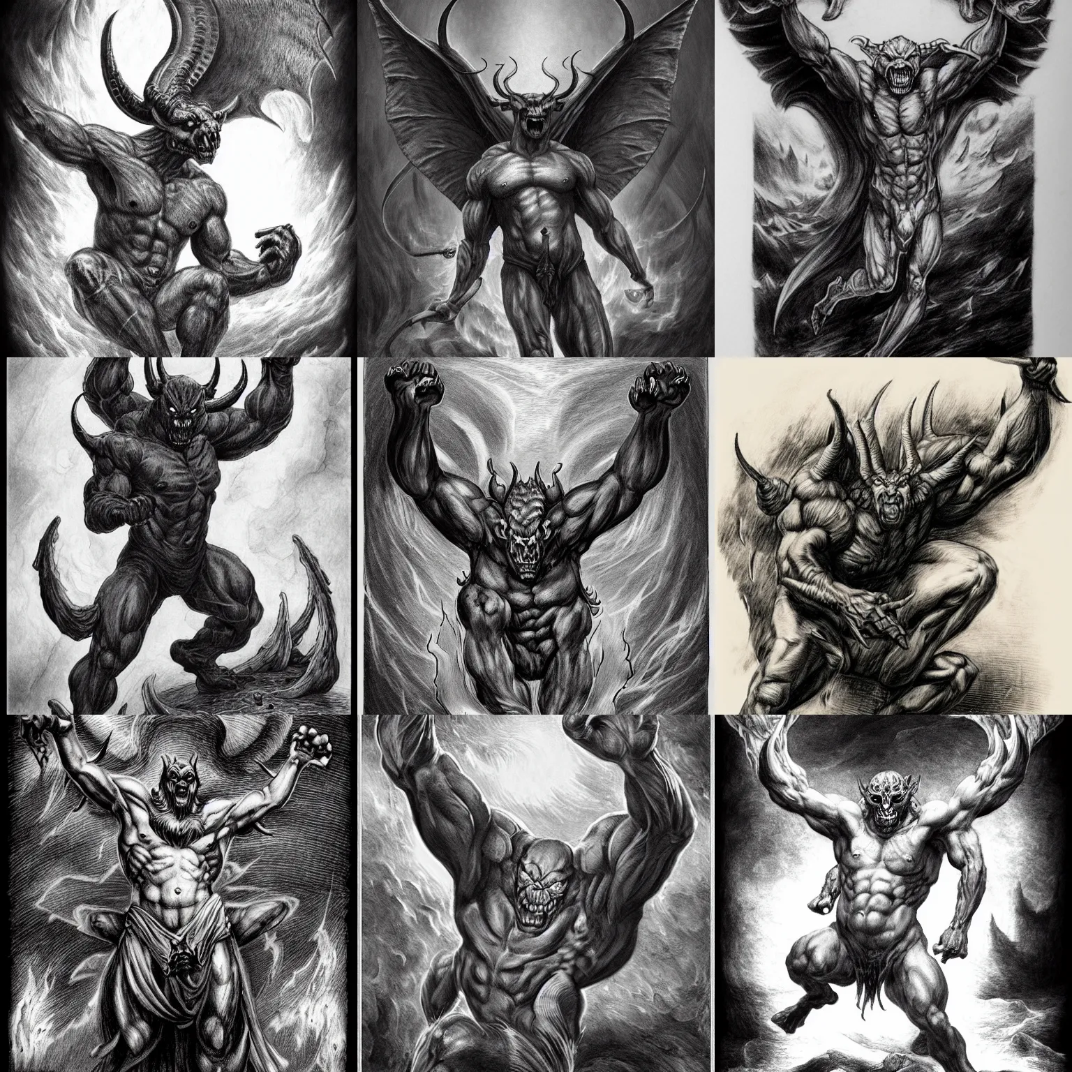 Prompt: full body, grayscale, 3/4 view, muscled balrog demon, heroic pose, arms to side, horns, hoofs, claws, long tail with horns, covered by flames, tattoo, stylized, tarot, Gustave Dore, white on black, high contrast