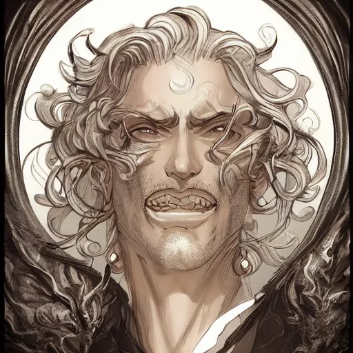 Prompt: a man grinning, baroque style, elegant, beautiful, mesmerizing, concept art, fancy clothing, highly detailed, artstation, behance, deviantart, inspired by innocent manga, inspired by castlevania concept art, trending, ayami kojima, shinichi sakamoto