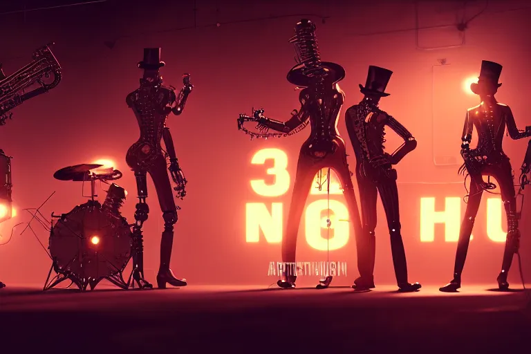 Image similar to 3 steampunk robot jazz musicians playing at a night club, focus on the musicians, cinematic lighting, exaggerated detailed, unreal engine, octane render, trending on artstation, art by greg rutkowski, 4 k