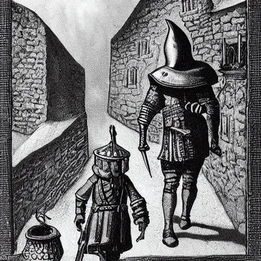 Prompt: fantasy art of an old, world weary medieval guard in the city watch, wearing a grey coat, wearing hobnail boots, wearing a kettle helm and walking down a cobbled road in a small medieval town