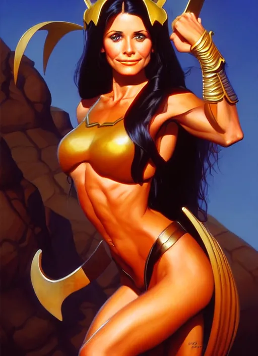 Prompt: portrait of young courtney cox as an amazon girl, full body, painted by stanley artgerm, boris vallejo, fantasy art, sleek curves, sharp focus, trending on artstation hq, deviantart