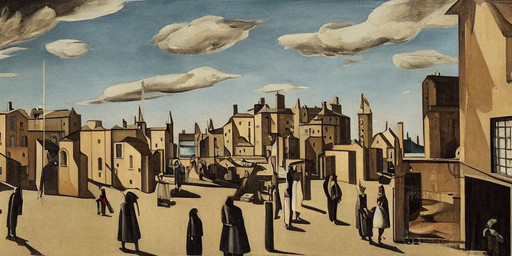 Image similar to a painting of street life in kirkwall, orkney, people,houses, by Giorgio de Chirico