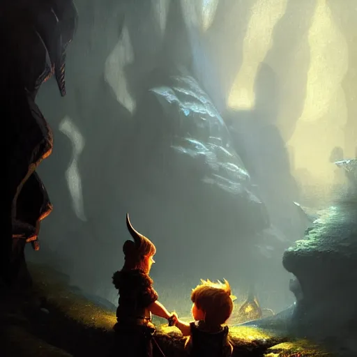 Prompt: a young viking boy meeting a dragon in a dark cave. a fairy - tale wonderland illustration by greg rutkowski, in the style of howls moving castle. smooth concept art, 4 k matte thomas kinkade, trending artstation, alphonse mucha, god rays. beautiful digital painting