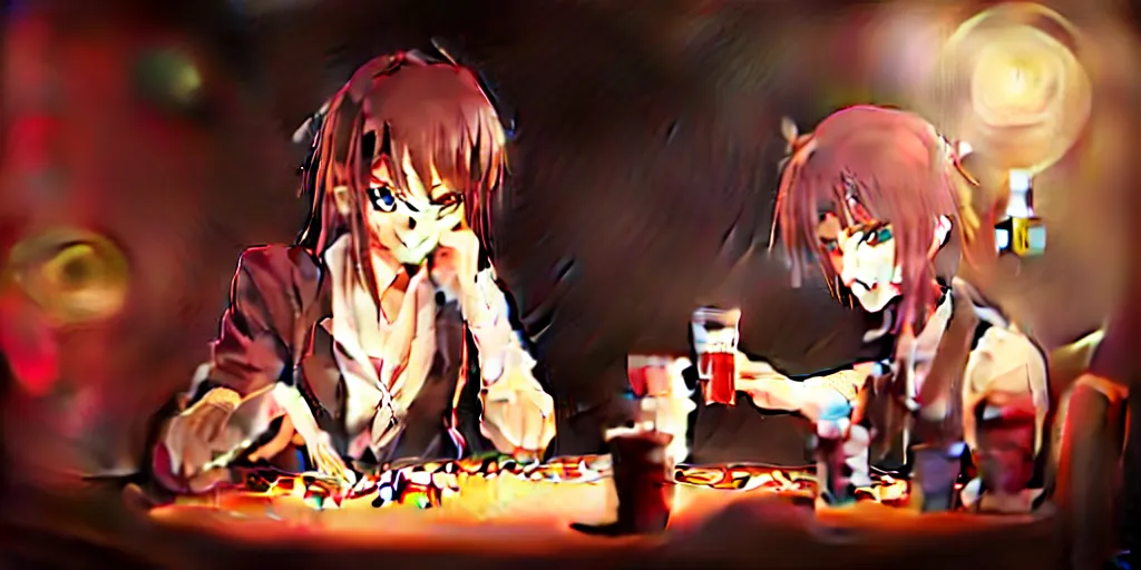 Prompt: anime character playing poker and drinking in a cozy bar 1 2 3 4, volumetric lighting, hyper real, pencil art, moody lighting, cute, comfy
