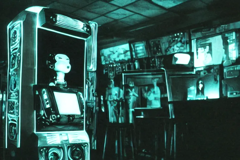 Image similar to robot staring at her reflection in a mirrored monolith, from 1977, in a tiki bar, volumetric lighting, surrounded by crt monitors, photograph, in the style of jack bridgeland