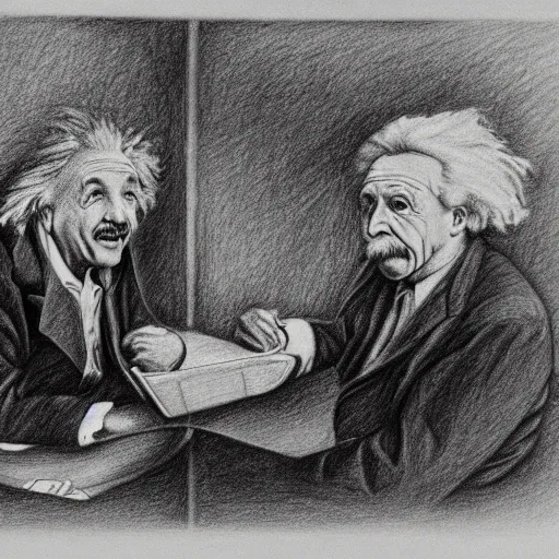 Image similar to Einstein and Newton speaks each other on a topic, pencil drawing, ultra detailed