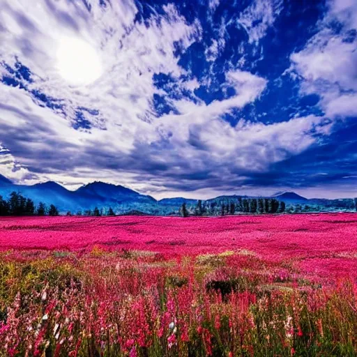 Image similar to a flower meadow with blooming trees, beautiful landscape