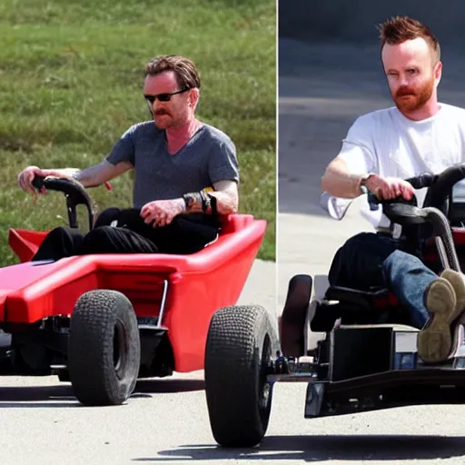 Image similar to paparazzi photo Bryan Cranston and Aaron Paul in go karts, Breaking Bad, candid