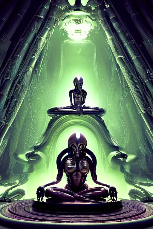 Image similar to masterpiece poster of glistening elegant queen empress xenomorph alien meditating lotus position, inside ominous glowing alien temple shrine. in the style of aliens, by weta workshop, james cameron, h. r. giger, beautiful octane render, extremely intricate, epic composition, cinematic lighting,, trending on artstation, cinematic dramatic atmosphere, matte painting