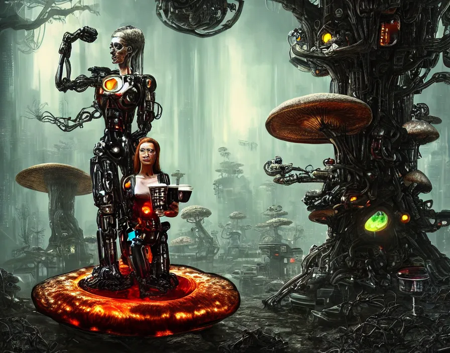 Image similar to photo of an intricate and sophisticated terminator woman with borg enhancements sitting on a giant mushroom in a weird magical forest and drinking a cup of tea. Very detailed 8k. Fantasy cyberpunk horror