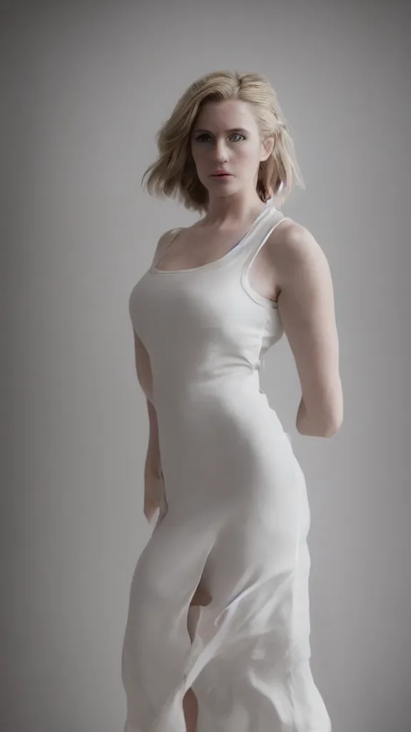 Image similar to emily skinner cosplaying annie leonhart wearing open toe heels and wearing a white dress in a white room looking up, beautiful face, pale skin, rule of thirds, cinematic lighting, rainy weather, melancholy atmosphere, sharp focus, backlit, stunning, smooth, hard focus, full body shot, studio photo, shot on sony a 7 iii, hyper realistic,