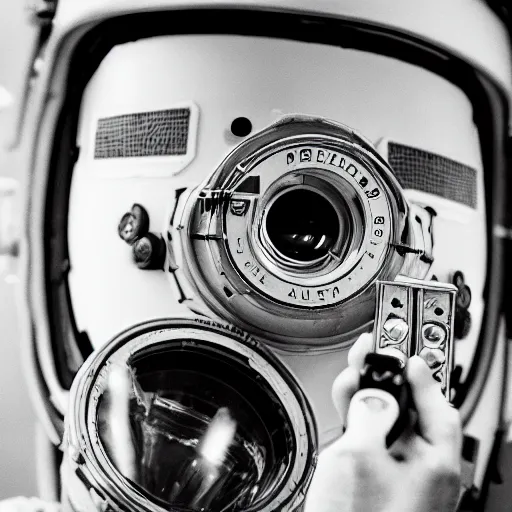 Image similar to an astronaut using a vintage camera taking a photo of a beer keg