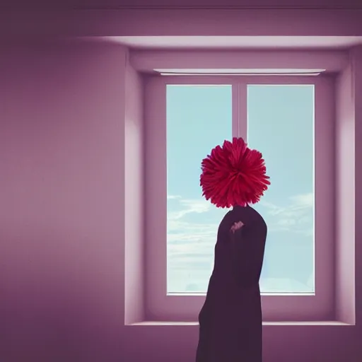 Prompt: giant flower under head, woman next to modern windows, luxury apartment, surreal photography, dramatic light, james gilleard