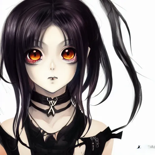 Image similar to headshot of a young gothic anime woman with black hair and golden highlights, wearing a black necklace and with pretty makeup, drawn by WLOP, by Avetetsuya Studios, anime drawing, trending on artstation