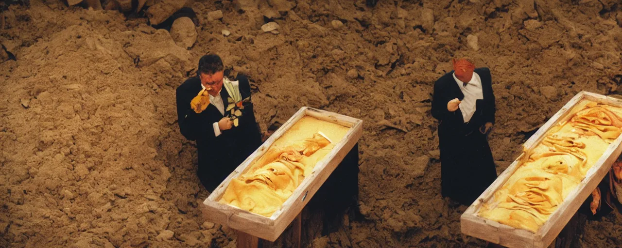 Image similar to a person buried inside a coffin made of ravioli, funeral ceremony, canon 5 0 mm, cinematic lighting, photography, retro, film, kodachrome