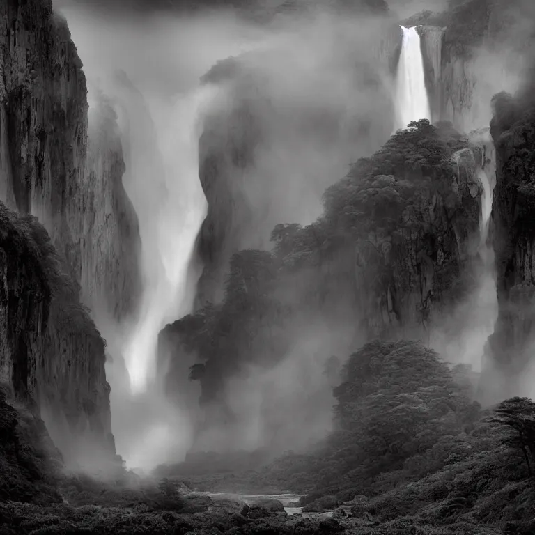 Image similar to dark and moody photo by ansel adams and pedar balke and wayne barlow, a giant tall huge woman in an extremely long white dress made out of smoke, standing inside a green mossy irish rocky scenic landscape, huge waterfall, volumetric lighting, backlit, atmospheric, fog, extremely windy, soft focus