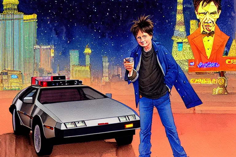 Prompt: a hyperrealist watercolour character concept art portrait of michael j fox on well lit night in las vegas. there is a delorean car. a spaceship. a mad scientist. by rebecca guay, michael kaluta, charles vess and jean moebius giraud