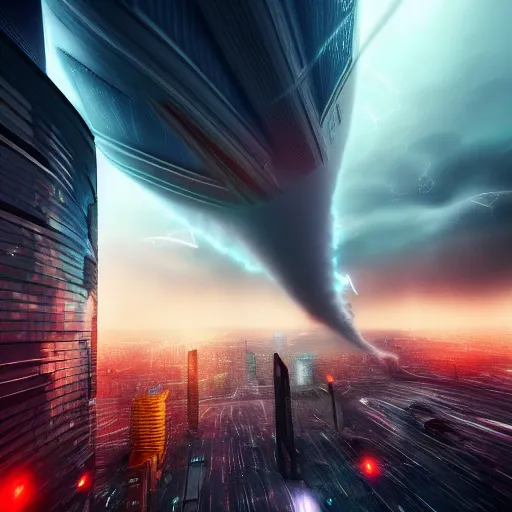 Prompt: tornado in a futuristic city ,highly detailed, 4k, HDR, award-winning, artstation, octane render