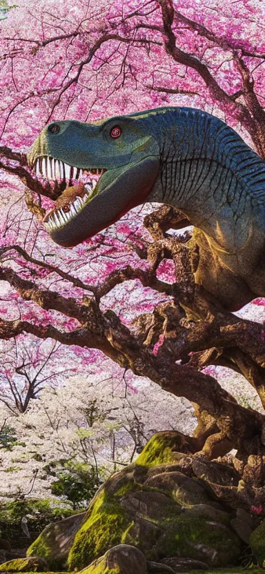 Image similar to “ a portrait photo of tyrannosaurus at a sakura tree, side shot, by shunji dodo, 8 k resolution, high quality ”