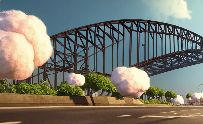 Prompt: explosions in the form of realistic cotton plants hit big harbour bridge, smooth, sharp focus, highly detailed, 3 d octane render, epic lighting, 8 k, by goro fujita