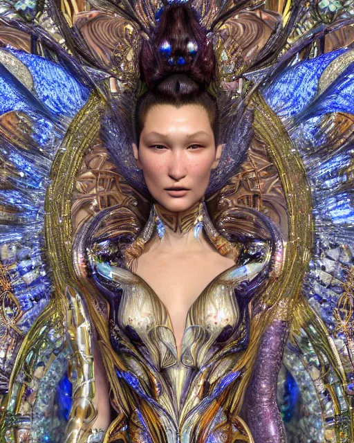 Prompt: a highly detailed metahuman 8 k close up render of bella hadid as butterfly renaissance in iris van herpen dress schiaparelli in diamonds crystals swarovski and jewelry iridescent in style of alphonse mucha gustav klimt trending on artstation made in unreal engine 4