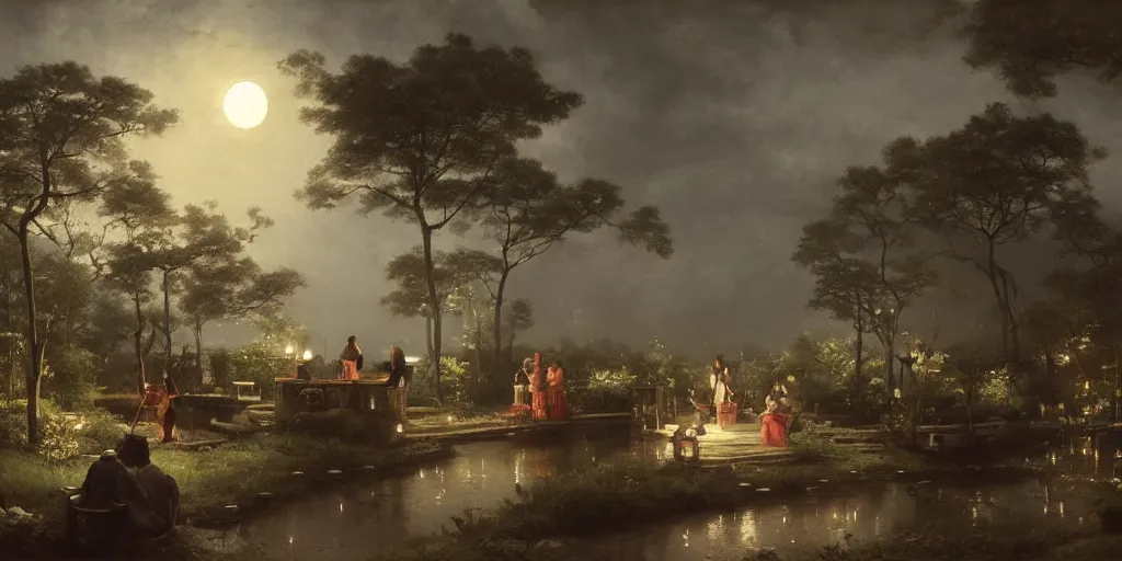 Image similar to an asian outdoor garden, family sitting at dining table center frames, full moon on the sky, the night is late, by andreas achenbach, artgerm, mikko lagerstedt, zack snyder, tokujin yoshioka