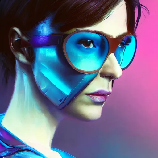 Image similar to very detailed masterpiece closeup painting of a very beautiful young mexican cyberpunk woman with light blue shutter shades, one side haircut, brown hair with light blue ends, purple leather jacket, beauty mark on cheek, portrait, synthwave background, artstation, concept art by greg rutkowski