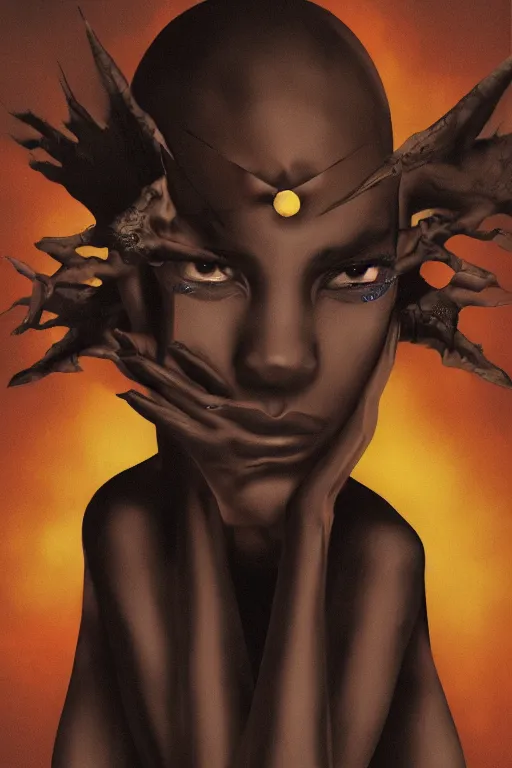 Image similar to elha saresi, eyes of a demon, ancient african androgynous vampire