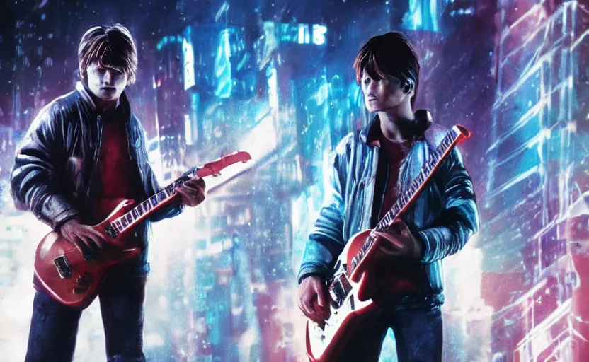 Image similar to photorealistic still of marty mcfly playing a futuristic guitar, in liminal space, cyberpunk, film grain, dark lighting, realistic, photgraph, silent hill style, detailed cinematic lighting