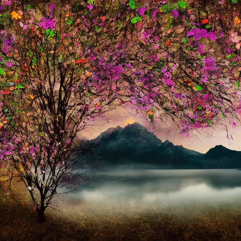 Image similar to a beautiful awesome artistic tree with falling flowers like leaves and many birds, all in the amazing outdoors view, mountain in the background, lake, long exposure, 8 k resolution, trending on artstation