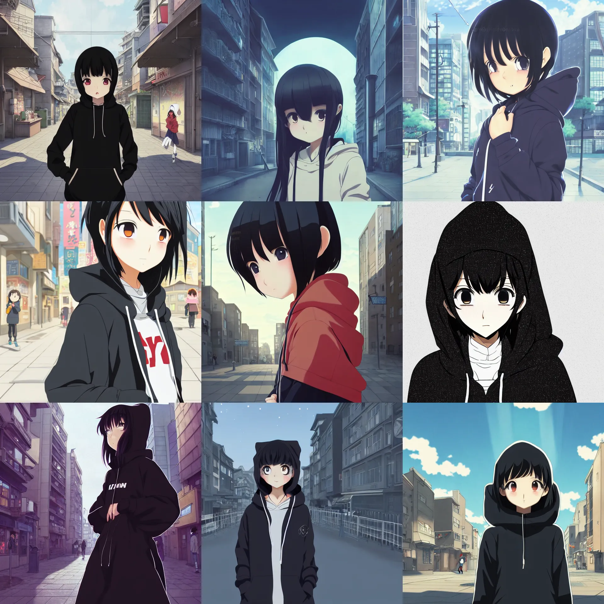 Prompt: anime visual, illustration of a young black haired girl wearing hoodie on the detailed city street background, cute face by yoh yoshinari, katsura masakazu, studio lighting, full body shot, strong silhouette, zoom out, ilya kuvshinov, cel shaded, crisp and sharp, rounded eyes, bright daylight, moody, dynamic lighting