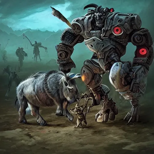 Prompt: “donkeys and cyborg ogres fight to the death, epic, detailed, realistic fantasy”