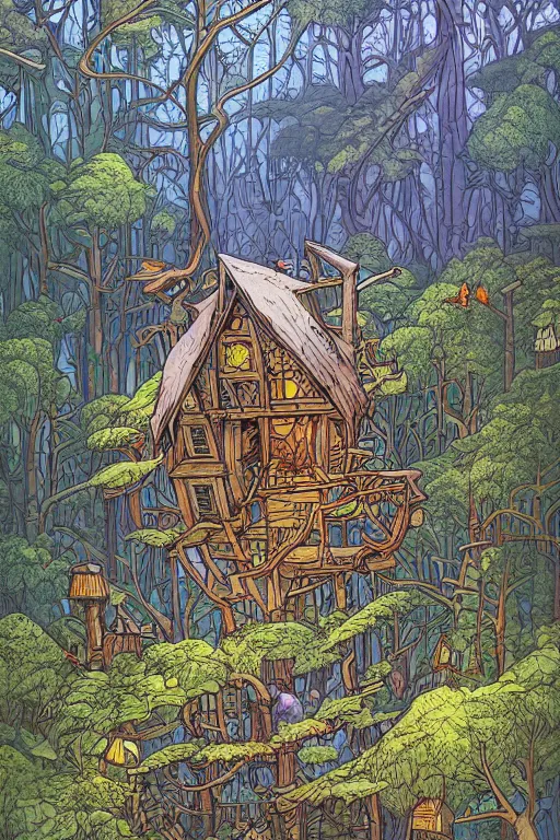 Prompt: a ramshackle multistory fairytale hut in the forest by Dan Mumford