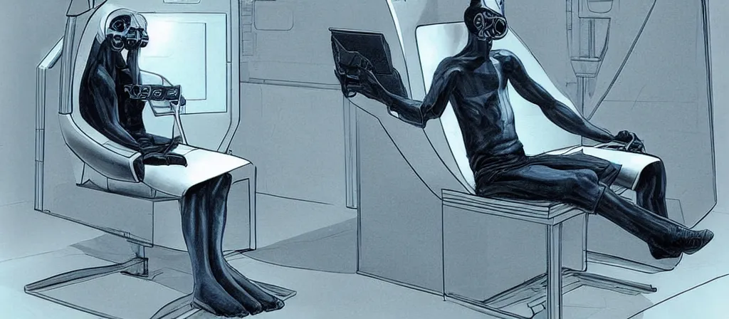 Image similar to an human guy sitting on a futuristic chair getting himself scan to be upload by a futuristic machine with laser to a computer, uploaded, scifi machine, very detailed, award winner on deviantart by geg rutkowski, by madgwick