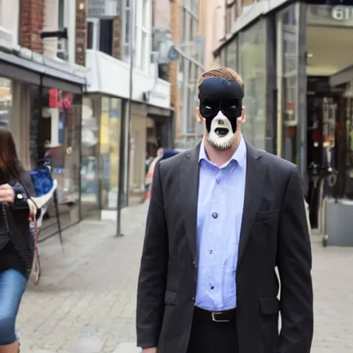 Prompt: man with eye patch in town for... business