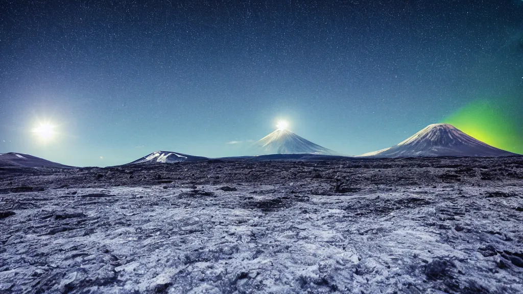 Image similar to A cold icy landscape under a clear starry sky. A volcano is erupting far away in the background. Lush green moon is seen in the sky. Wide angle.