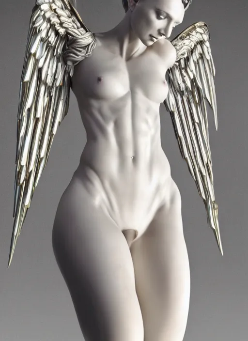 Image similar to a statue made of white marble with gold veins, of an gorgeous futuristic cybernetic angel girl, prostheses, transhumanism, full body shot, perfect symmetrical body, perfect symmetrical face, hyper realistic, hyper detailed, by johannen voss, by peter kemp, by monia merlo, by michelangelo, octane render, blender, 8 k