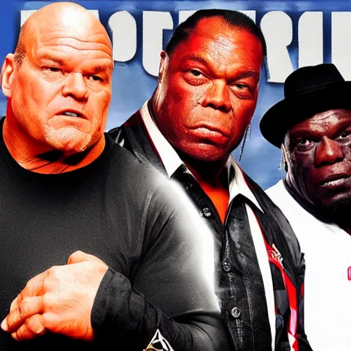 Prompt: Wrestling personalities Jim Ross, Kurt Angle, and Booker T, posing together for a hip hop album cover, hyper realistic