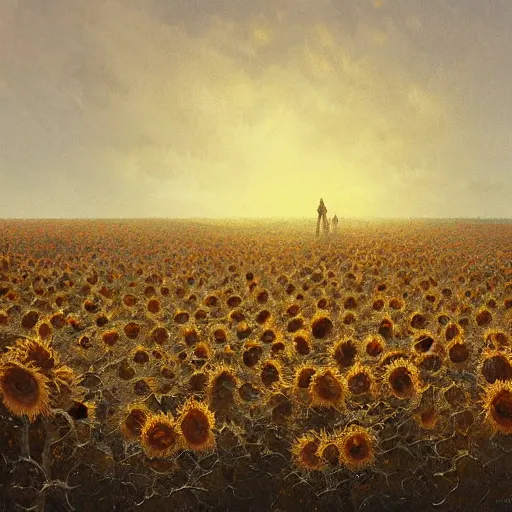 Prompt: Painting by Greg Rutkowski, a field of broken old dry sunflowers in winter