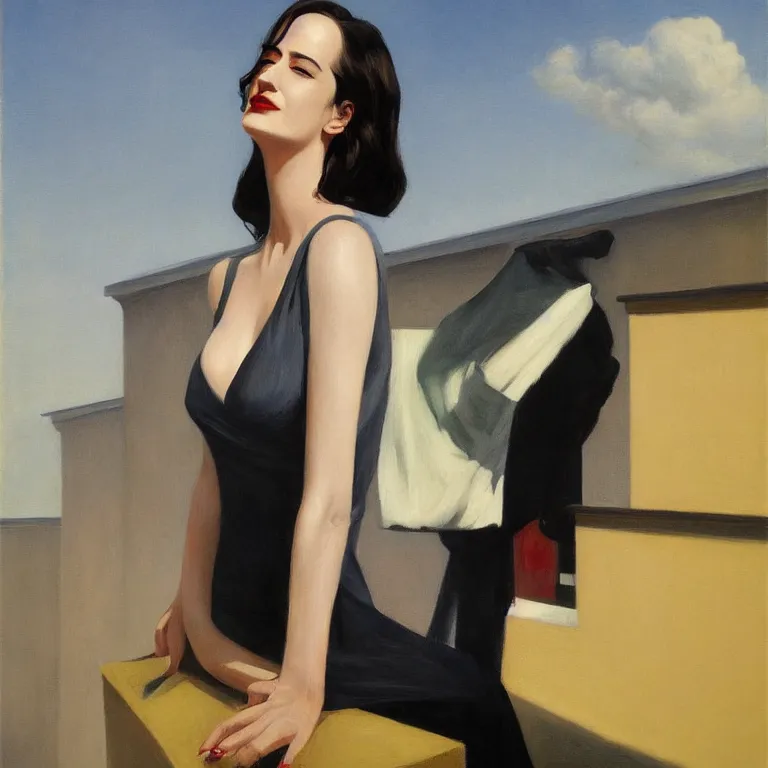 Image similar to portrait of Eva Green on a roof, fog, early morning, , painted by Edward Hopper, painted by Wayne Barlow, airbrush