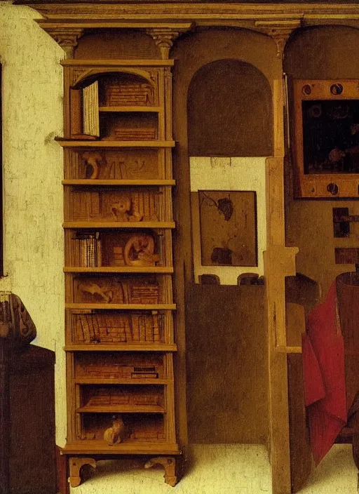 Image similar to bookshelf with books and children toys, medieval painting by jan van eyck, johannes vermeer, florence